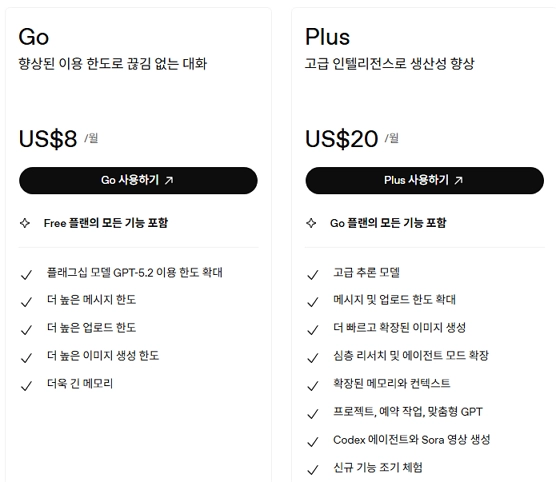 챗지피티 고 GO PLUS차이 5가지 정리|요금제 비교